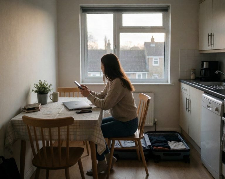 A traveller at a kitchen table with a half-packed suitcase, holding a phone