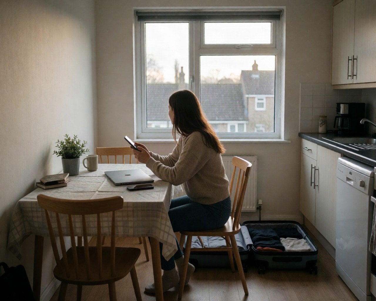 A traveller at a kitchen table with a half-packed suitcase, holding a phone
