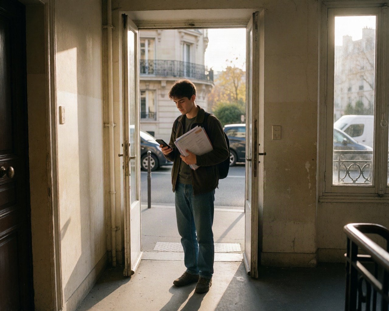 A student in a Paris apartment doorway holding a phone and paperwork